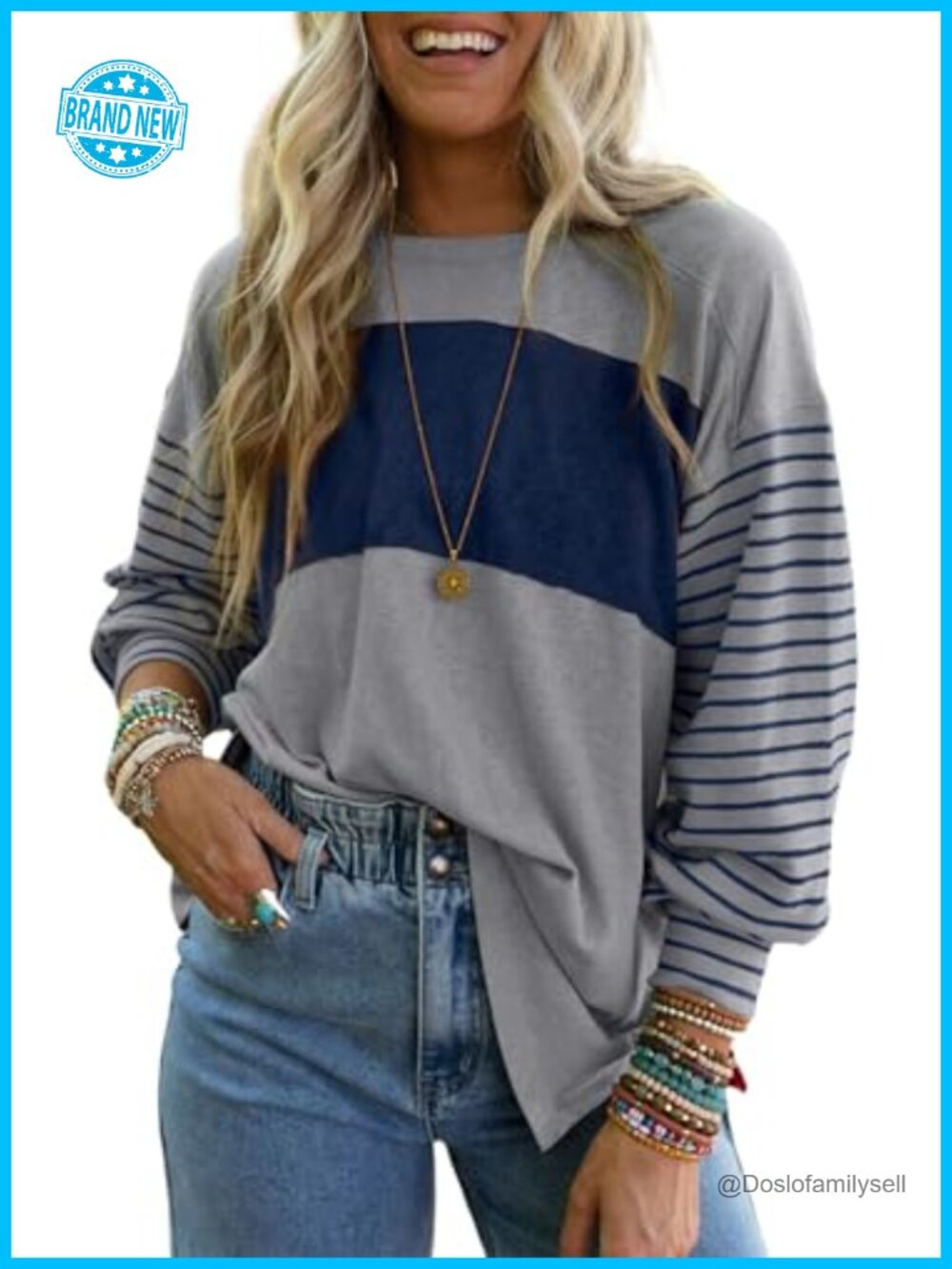 Dokotoo Oversized Color Block Tunic Top Long Sleeve Round Neck Blouse